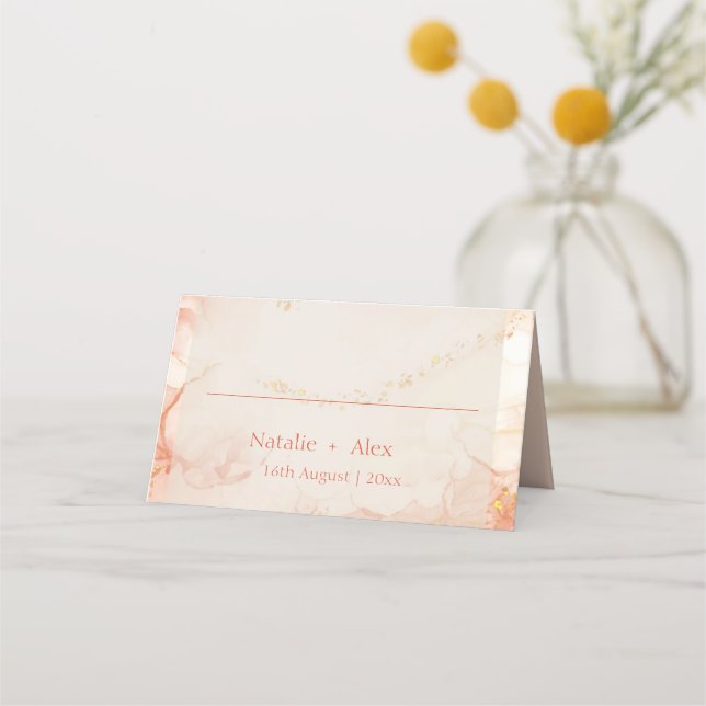 Peach Gold Marble Monogram Wedding Party Folded Place Card (Front)