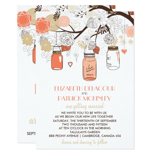 Peach & Gold Mason Jars Spring Wedding Invitation