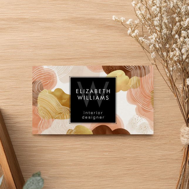 Peach Gold Modern Abstract Monogram Business Cards (Creator Uploaded)