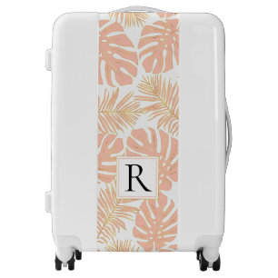 Peach gold monstera, palm leaves monogram tropical luggage