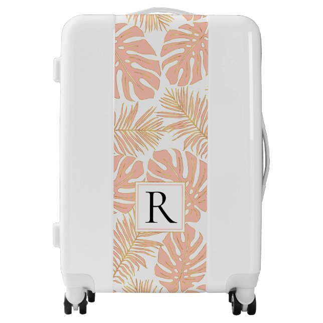 Peach gold monstera, palm leaves monogram tropical luggage (Front)