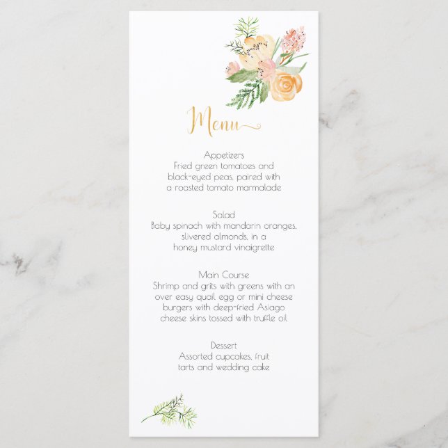 Peach Gold Pink Green Floral Menu Cards (Front)