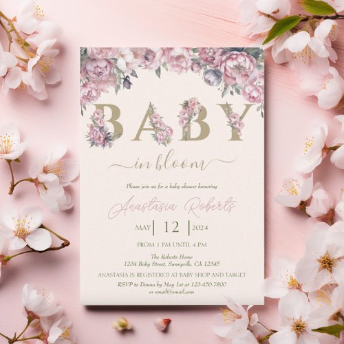 Peach Gold Roses Peonies Floral Baby Shower Invitation