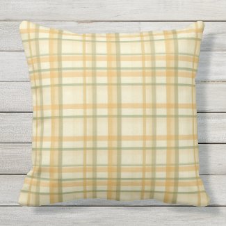 Peach Gold Sage Green Plaid Outdoor Pillow 20x20