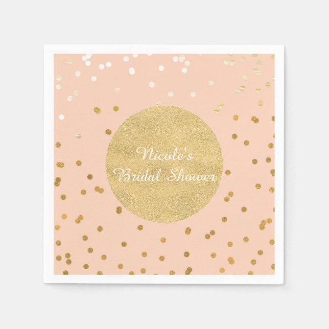 Peach & Gold Shiny Confetti Dots Chic Modern Paper Napkins (Front)
