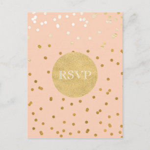 Peach & Gold Shiny Confetti Dots Chic Modern RSVP Invitation Postcard