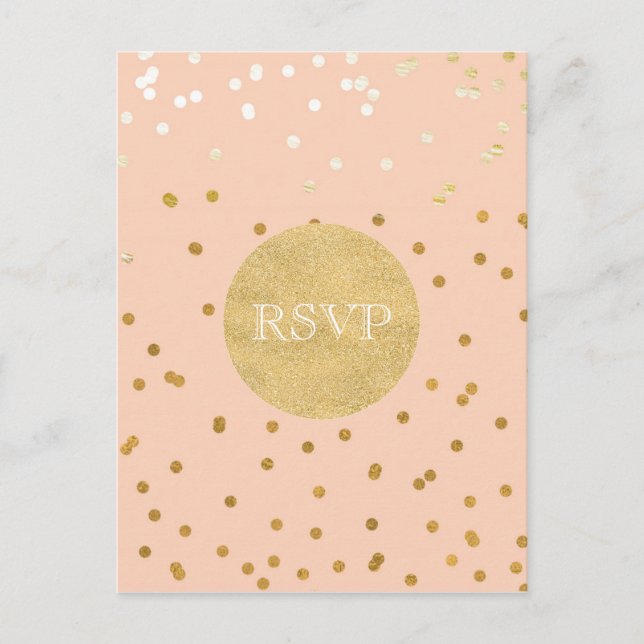 Peach & Gold Shiny Confetti Dots Chic Modern RSVP Invitation Postcard (Front)