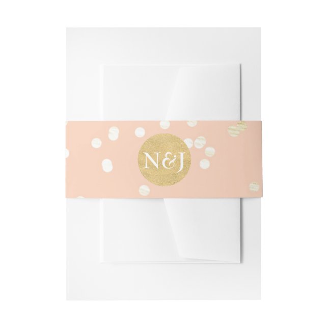 Peach & Gold Shiny Confetti Dots Modern Invitation Invitation Belly Band (Front Example)