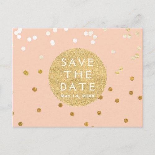 Peach  Gold Shiny Confetti Dots Save The Date Announcement Postcard