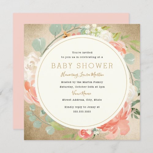 Peach Gold Sparkle Wreath Floral Baby Shower Invitation