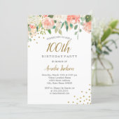 Peach Gold Watercolor Floral 100th Birthday Party Invitation (Standing Front)