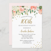 Peach Gold Watercolor Floral 100th Birthday Party Invitation (Front/Back)