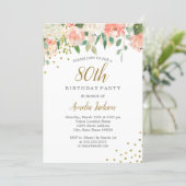 Peach Gold Watercolor Floral 80th Birthday Party Invitation (Standing Front)