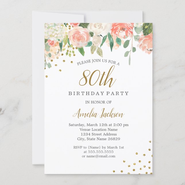 Peach Gold Watercolor Floral 80th Birthday Party Invitation (Front)