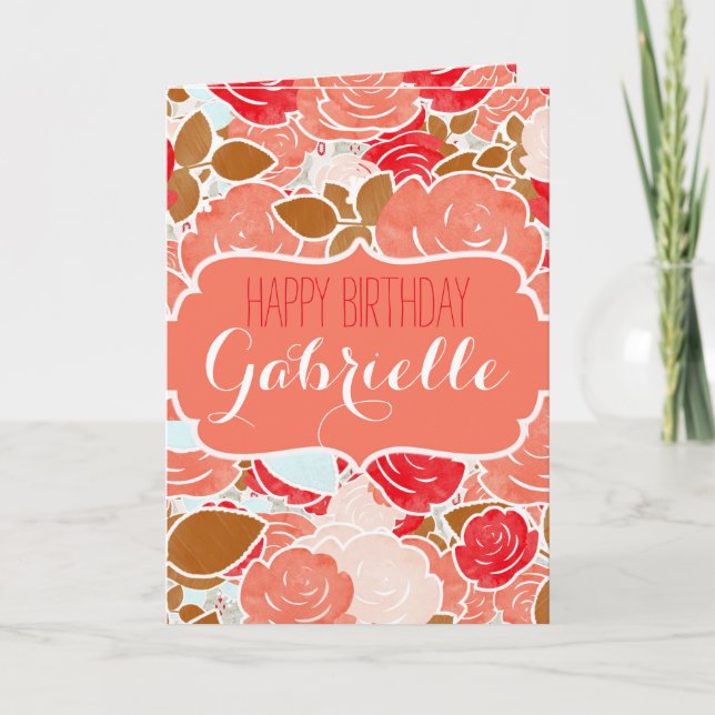 Peach & Gold Watercolor Floral Girl Happy Birthday Card (Front)