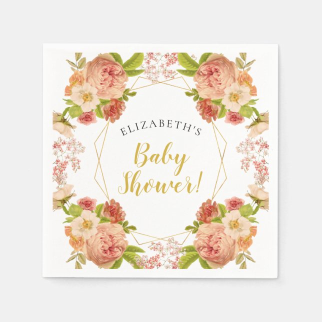 Peach Gold Watercolor Flowers Baby Shower Napkins (Front)