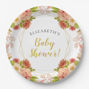 Peach Gold Watercolor Flowers Baby Shower Paper Plates