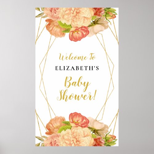 Peach Gold Watercolor Flowers Baby Shower Sign