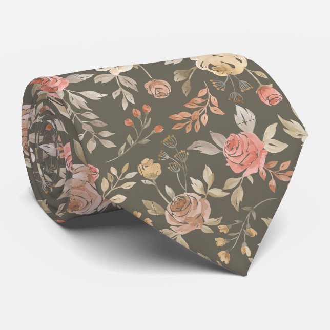 Peach gold watercolor roses dark pattern neck tie (Rolled)