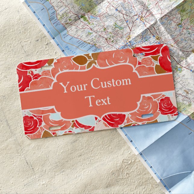 Peach & Gold Watercolor Roses Floral Monogram License Plate (In Situ)