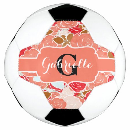 Peach & Gold Watercolor Roses Floral Monogram Soccer Ball