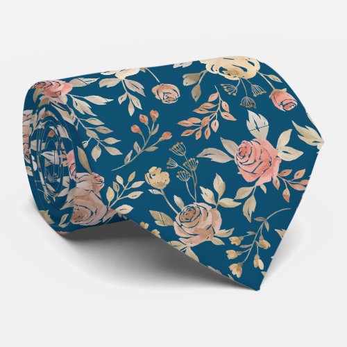 Peach gold watercolor roses navy pattern neck tie