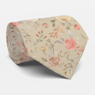 Peach gold watercolor roses summer pattern neck tie