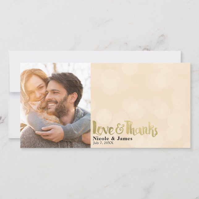 Peach Gold Wedding Photo Love & Thanks Thank You Card (Front)