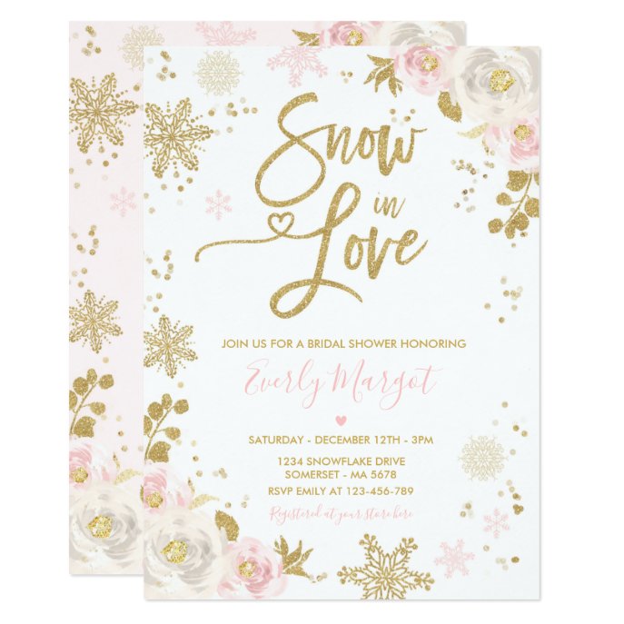 Peach &amp; Gold Winter Bridal Shower Snow In Love Invitation