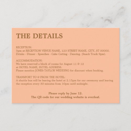 Peach Golden Beige QR Code Wedding Details Card