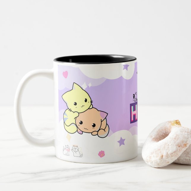 Peach & Goma - Mochi Mochi Peach Cats Two-Tone  Two-Tone Coffee Mug (With Donut)