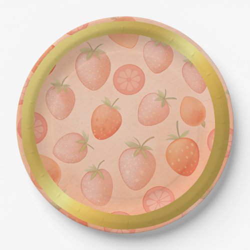 Peach Gradient with Strawberries Pattern Gold Edge Paper Plates
