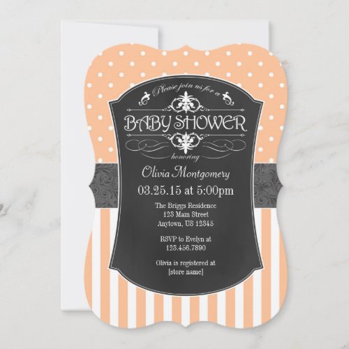 Peach Gray Chalkboard Stripes Baby Shower Invite