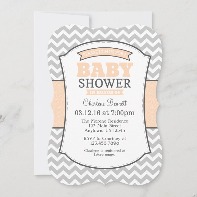Peach Gray Chevron Baby Shower Invitation (Front)