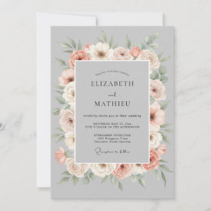 Peach Gray Floral Romance Wedding Invitation