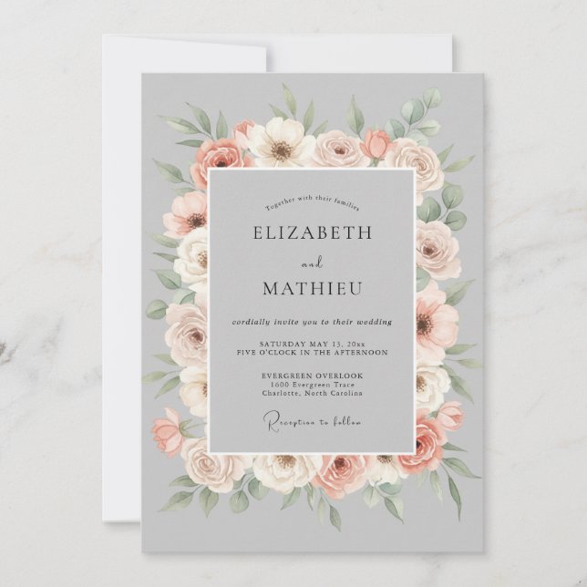 Peach Gray Floral Romance Wedding Invitation (Front)