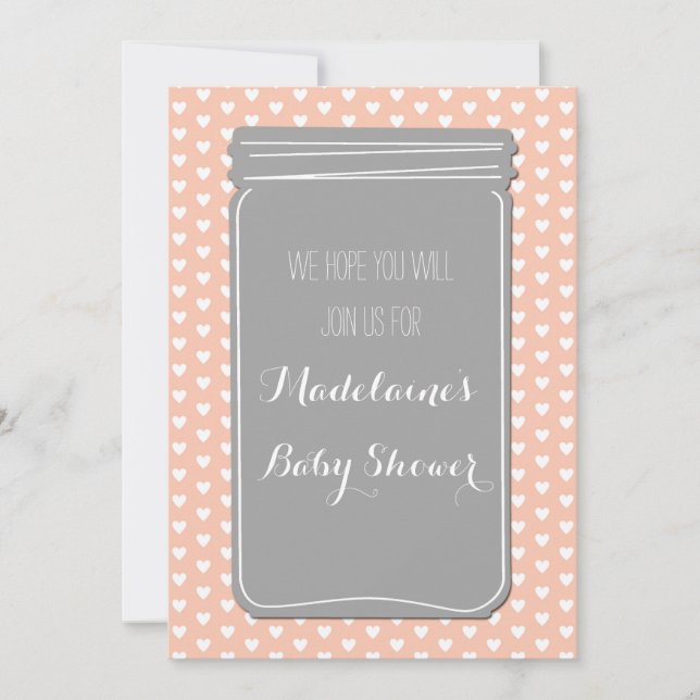 Peach Gray Hearts Mason Jar Baby Shower Invitation (Front)