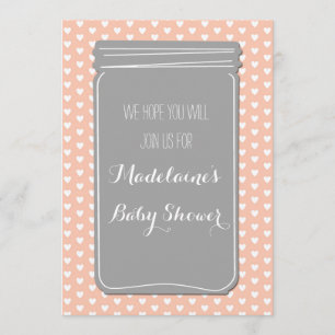 Peach Gray Hearts Mason Jar Baby Shower Invitation