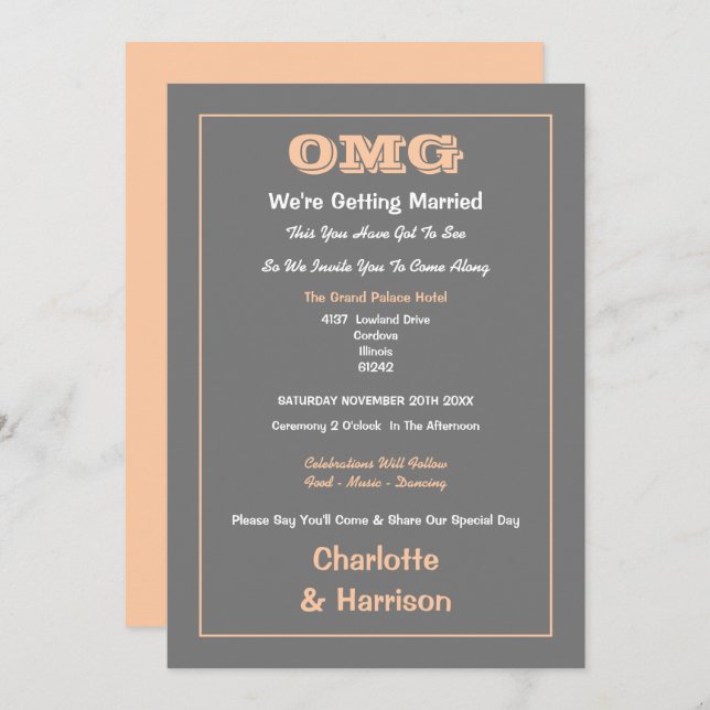 Peach Gray Informal Funny Wedding Invitation (Front/Back)