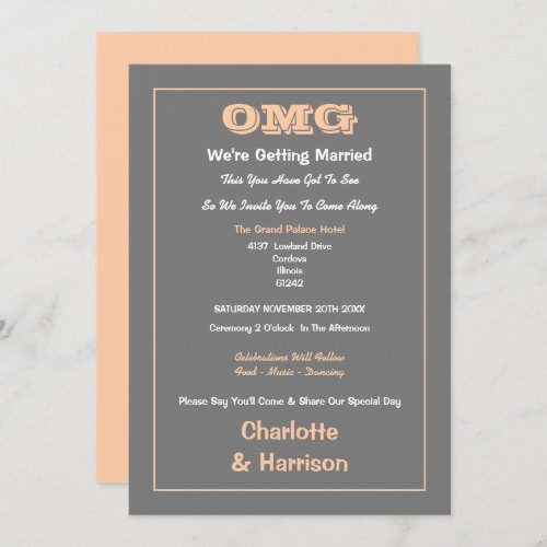 Peach Gray Informal Funny Wedding Invitation