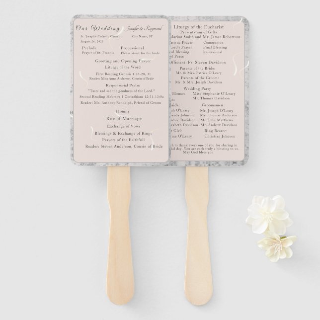 Peach& Gray Marble Nuptial Mass Program Hand Fan (Front and Back)