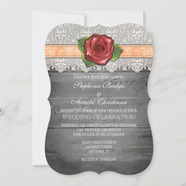 Peach Gray Rustic Wood Rose Wedding Invite (Front)