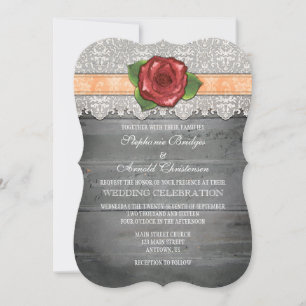 Peach Gray Rustic Wood Rose Wedding Invite