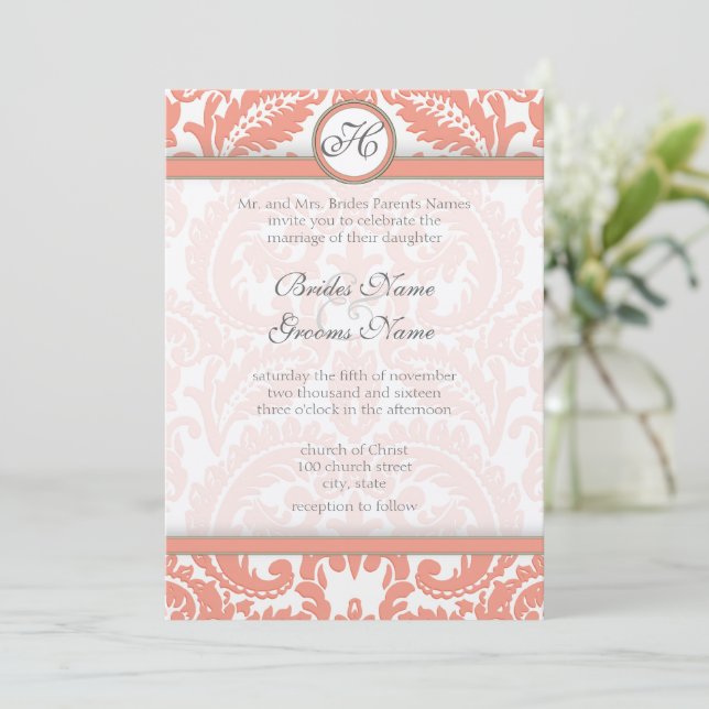 PEACH Gray Victorian Damask  Wedding Invitations (Standing Front)