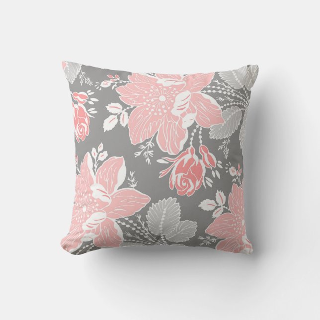 Peach Gray White Floral Decorative Pillow (Front)