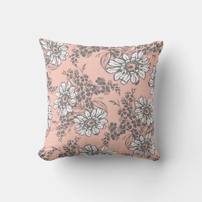 Peach Gray White Floral Decorative Pillow (Front)