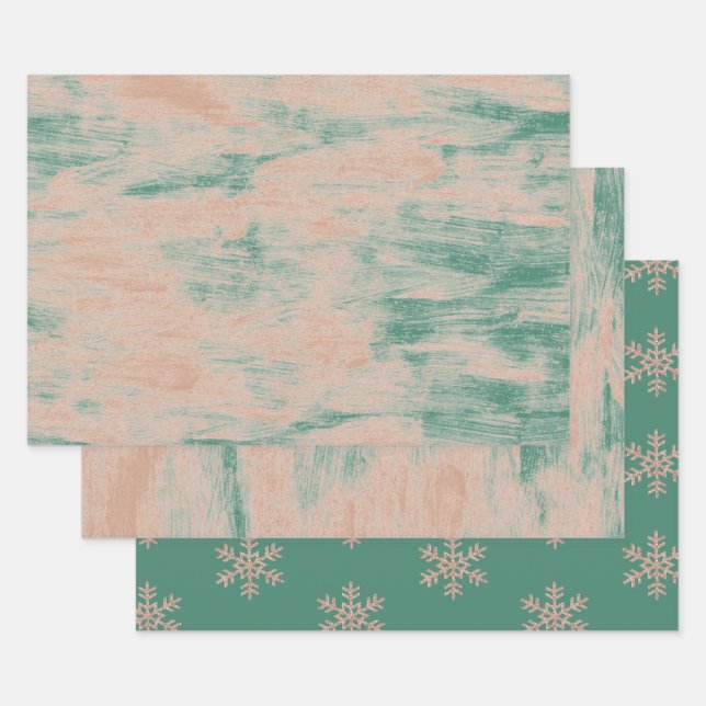 Peach Green Abstract Snowflakes Christmas Wrapping Paper Sheets (Set)
