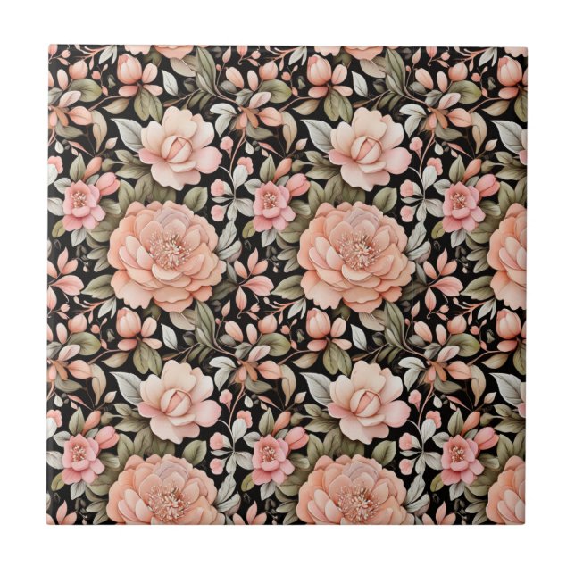 Peach Green Black Floral Kitchen Bathroom Remodel Ceramic Tile (Front)