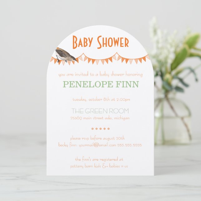 Peach Green Bunting Bird Baby Shower Invitation (Standing Front)
