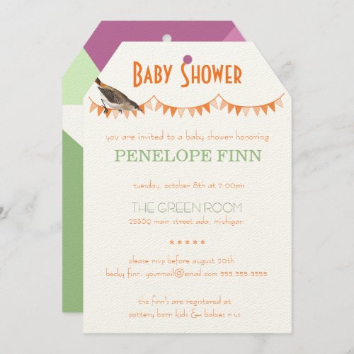 Peach Green Bunting Bird Baby Shower Invitation